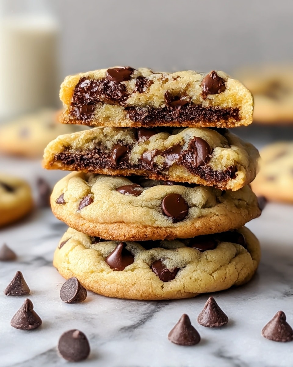 The image shows a stack of four thick chocolate chip cookies on a white marbled surface with some loose chocolate chips around them. Each cookie is golden-brown with a soft, chewy texture and visible dark chocolate chips embedded throughout. The top cookie is broken in half, revealing its inside with a slightly gooey chocolate layer at the bottom and soft, fluffy dough with melted chocolate chips on top. The chocolate chips are shiny and slightly melted, adding a rich contrast against the lighter cookie dough. The stack looks fresh and inviting, with warm tones and a close-up focus. photo taken with an iphone --ar 4:5 --v 7