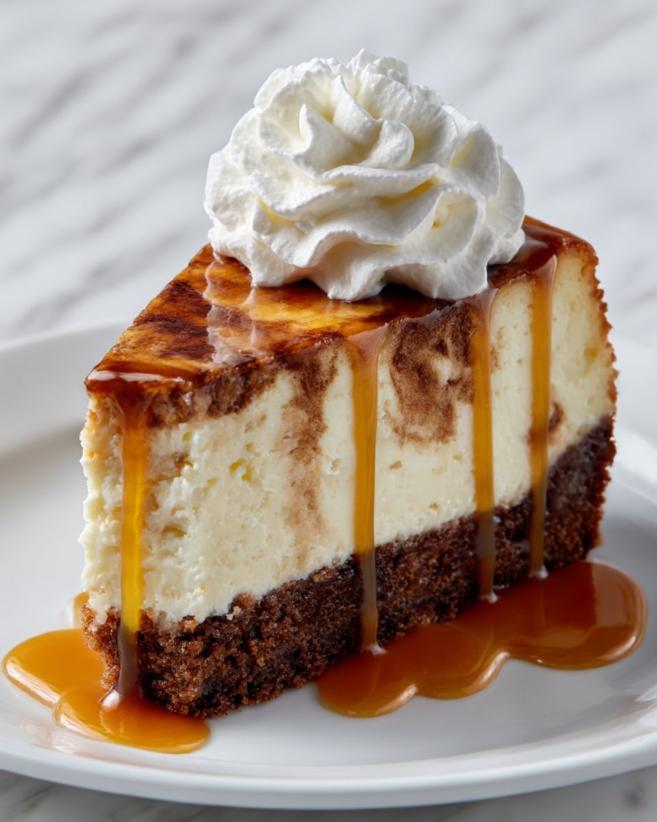 A thick slice of cheesecake is shown with three visible layers: the bottom layer is a crumbly, dark brown crust, the middle layer is a creamy, pale yellow cheesecake, and the top layer has swirled patches of cinnamon brown against the creamy cheesecake base. On top, there is a generous dollop of white whipped cream with soft peaks, drizzled with glossy, golden caramel sauce that also flows down the sides of the cheesecake slice and onto the white plate below. The background is a white marbled texture. The photo taken with an iphone --ar 4:5 --v 7