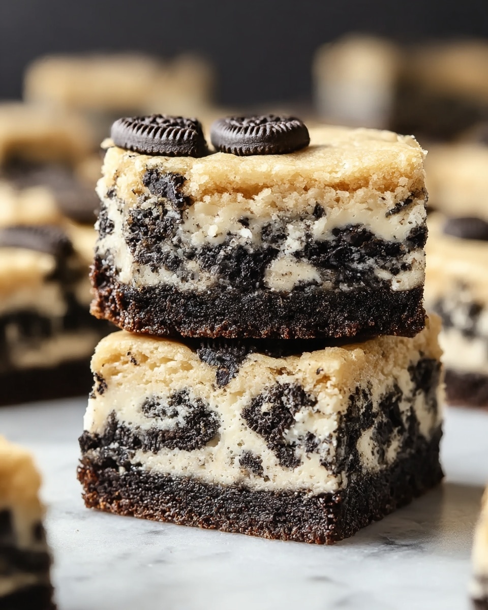 Two square pieces of cookie bars are stacked on a white marbled surface, showing three clear layers. The bottom layer is dark brown and crumbly, resembling a dense chocolate crust. The middle layer is creamy white with chunks of dark chocolate sandwich cookies mixed throughout, creating a speckled black and white pattern. The top layer is light golden brown with a slightly crumbly texture, dotted with whole chocolate sandwich cookie pieces pressed into the surface. The background is a soft blur of more bars. Photo taken with an iphone --ar 4:5 --v 7