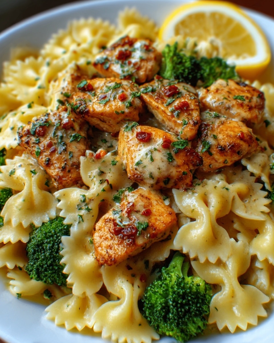 A white plate filled with bowtie pasta mixed with small green broccoli florets, covered with pieces of cooked chicken that have a golden brown color with visible seasoning and herbs on top. The chicken pieces are spread evenly over the pasta, which is creamy and light in color. The broccoli adds a fresh, bright green contrast around the edge of the pasta. The dish looks warm and freshly made with a slightly glossy appearance from sauce or oil. photo taken with an iphone --ar 4:5 --v 7