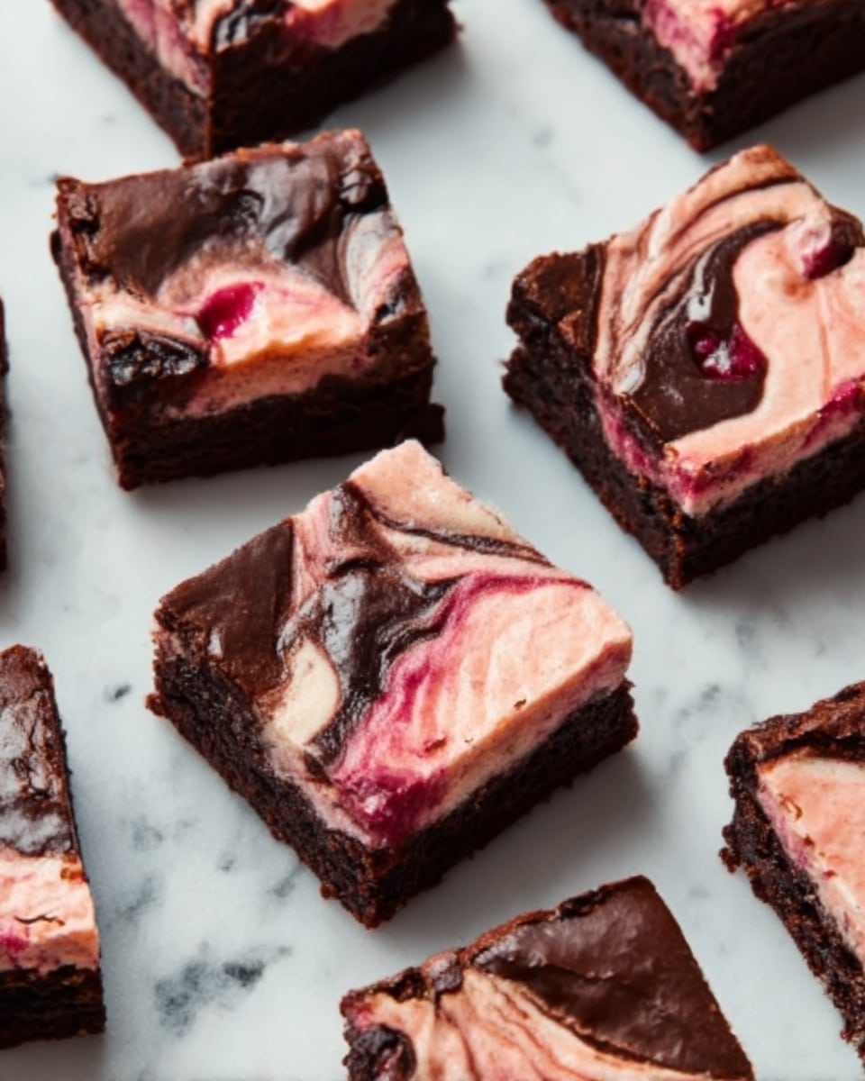 The image shows several square brownies placed on white parchment paper over a white marbled surface. Each brownie has two visible layers: a dark brown, rich chocolate layer with a slightly shiny and fudgy texture, and a pinkish-red swirled layer on top that looks creamy and smooth, possibly a fruit or cream cheese swirl. The brownies are cut into neat squares with clean edges, and the swirl pattern varies on each piece but always mixes the dark chocolate and pinkish-red colors in an artistic way. photo taken with an iphone --ar 4:5 --v 7