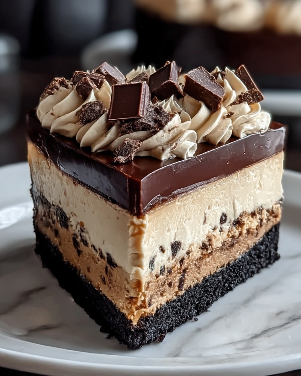 A three-layer dessert slice sits on a white plate against a white marbled background. The bottom layer is dark, crumbly chocolate cookie crust. The middle layer is thick and creamy light brown with small dark cookie pieces mixed inside. The top layer is a glossy dark chocolate glaze evenly spread. On top, there are swirls of light brown cream topped with irregular dark chocolate chunks and shards. The edges are clean and the texture looks rich and smooth. photo taken with an iphone --ar 4:5 --v 7
