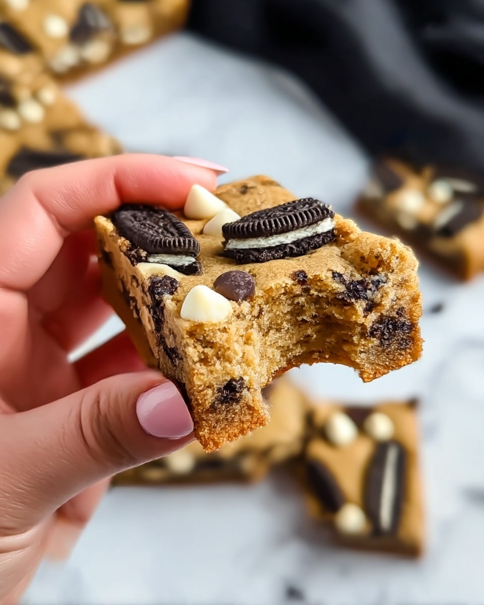 A close-up of a square cookie bar held by a woman's hand, showing detailed layers with a light brown, soft and crumbly cookie dough base mixed with chunks of dark brown Oreo cookies with white cream filling visible inside. The top layer is decorated with broken Oreo cookie pieces and white chocolate chips, creating a rough textured surface with dark and light contrasts. In the background, another cookie bar is blurred on a white marbled surface with scattered white chocolate chips and a black cloth draped softly. photo taken with an iphone --ar 4:5 --v 7