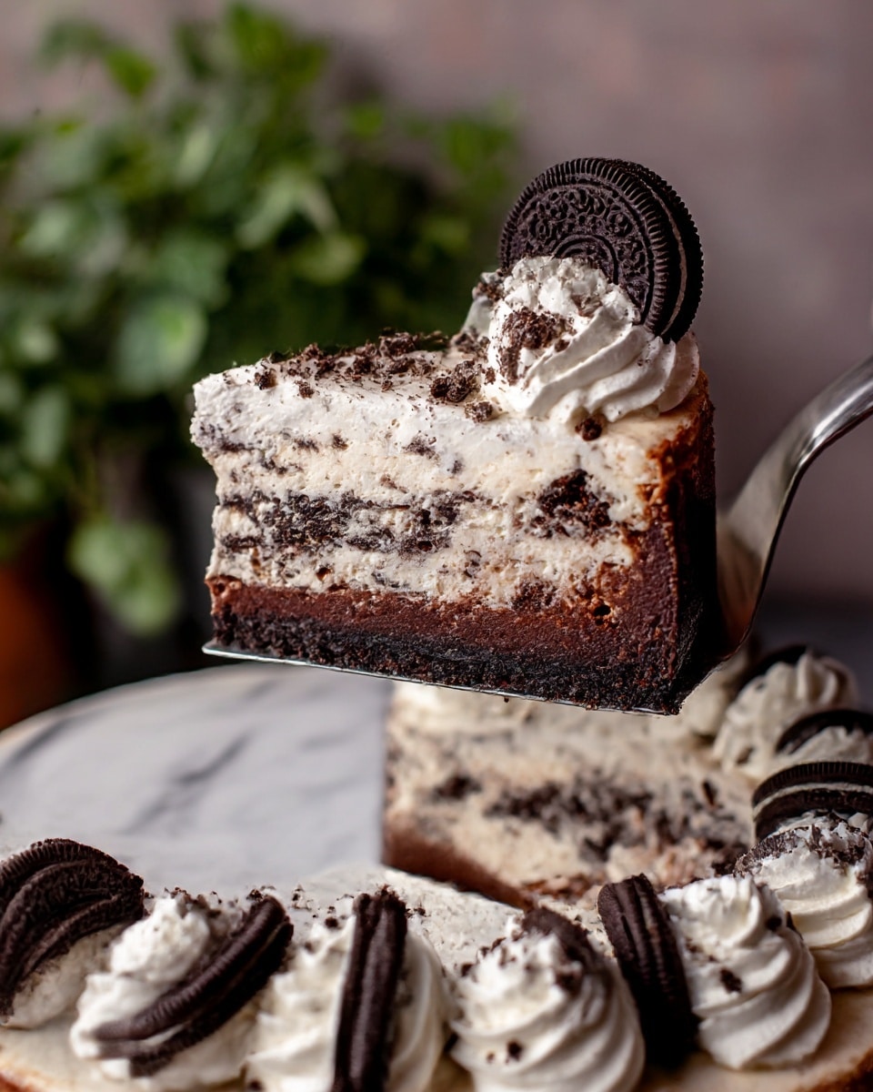 A slice of cookies and cream cheesecake is held above a white marbled surface, showing three main layers: a dark brown chocolate crust at the bottom, a middle cream layer with cookie pieces creating a marbled pattern, and a top layer of white whipped cream speckled with cookie crumbs. The slice is topped with a half Oreo cookie and small chocolate chips. The full cake below has similar white whipped cream swirls around the edges, each topped with a half Oreo cookie, all set against a blurred background with soft purple flowers. Photo taken with an iphone --ar 4:5 --v 7