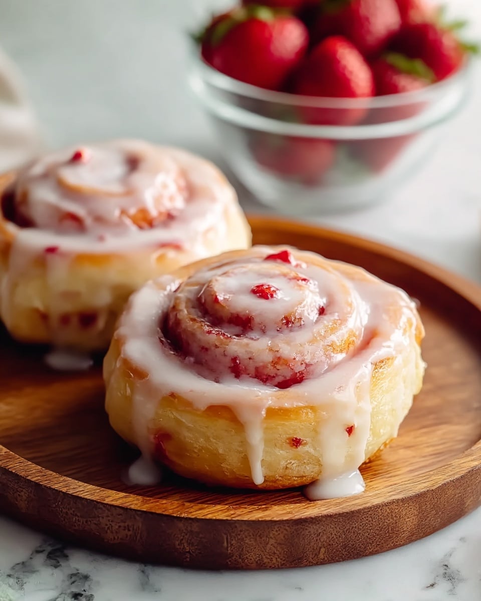 Two soft cinnamon rolls sit on a round wooden plate, each with three visible spiral layers of dough that are light golden brown on the outside and creamy white inside. The rolls are thickly coated with glossy, pale pink icing that drips down the sides, showing small bits of red fruit mixed in. Behind the rolls, a clear glass bowl filled with fresh, bright red strawberries is placed on a white marbled surface. A few whole strawberries are also placed next to the rolls. photo taken with an iphone --ar 4:5 --v 7