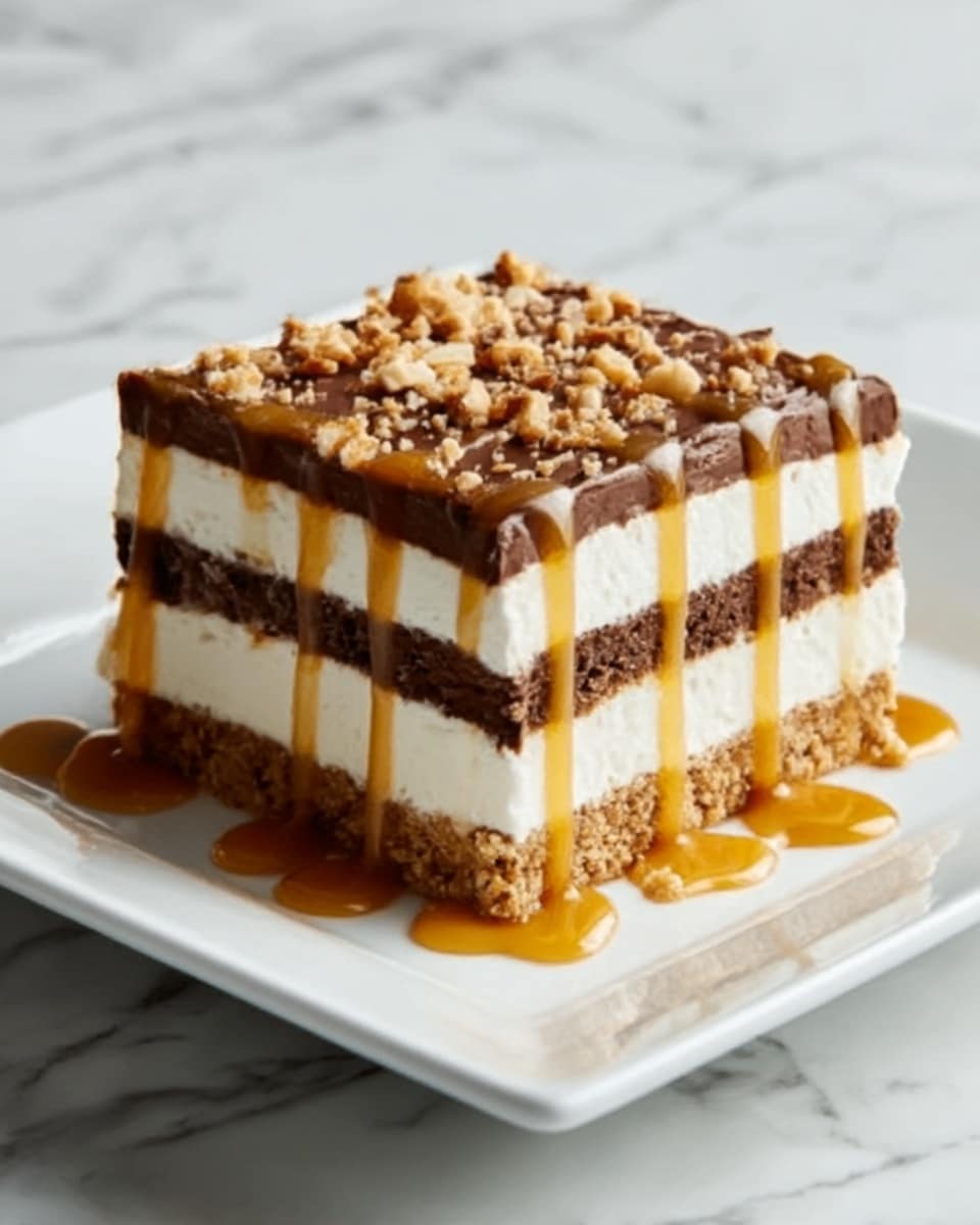 The image shows a square dessert on a white square plate with a white marbled background. The dessert has four visible layers: the bottom layer is a light brown cookie crust, topped by a thick creamy white layer, followed by a dark brown chocolate layer, and another thick creamy white layer on top. The dessert is covered with a light brown caramel drizzle that flows over the edges, and there are small crushed pieces sprinkled on the top caramel layer. The texture of the creamy layers looks smooth, while the cookie base and the chocolate layer appear dense. Photo taken with an iphone --ar 4:5 --v 7