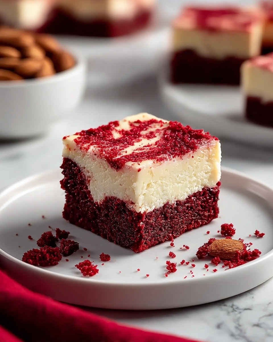 A close-up of a square slice of red velvet cheesecake brownie on a white plate, placed on a white marbled surface. The brownie has three layers: a thick, dark red bottom layer with a moist and crumbly texture, a smooth, creamy white cheesecake middle layer, and a swirled red velvet crumb top layer with a slightly crumbly texture, dusted lightly with powdered sugar. In the blurred background, there is a white bowl filled with almonds and another piece of the brownie, with a red cloth napkin at the corner of the frame. Photo taken with an iphone --ar 4:5 --v 7