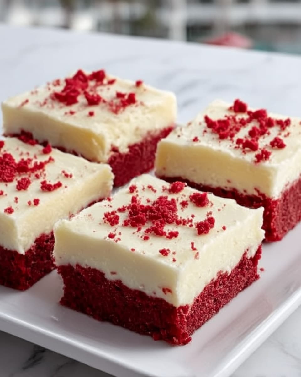 The image shows four square pieces of red velvet cake with a thick layer of smooth, creamy white frosting on top. The frosting is evenly spread and topped with small red crumbs, scattered lightly on each piece. The cakes are arranged closely together on a clean white rectangular plate placed on a white marbled surface. The texture of the cake looks soft and moist, while the frosting appears rich and dense. Photo taken with an iphone --ar 4:5 --v 7