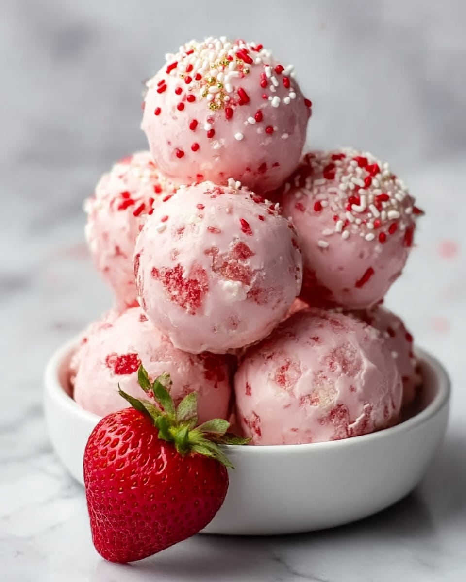 The image shows a white bowl filled with six pink round dessert balls. Each ball has a smooth, creamy pink coating with small red and white sprinkles covering the surface. The balls are stacked in a pyramid shape, and a fresh red strawberry rests at the bottom of the bowl, adding a pop of natural color. The scene is set on a white marbled surface, with blurred strawberries visible in the background. The focus is close up, showing the texture and details of the dessert balls clearly. Photo taken with an iphone --ar 4:5 --v 7