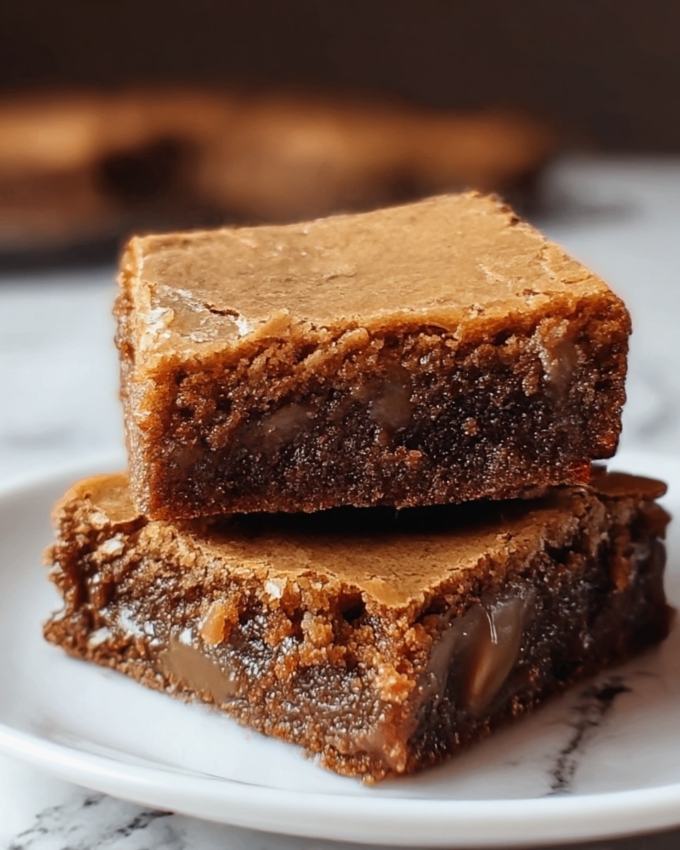 The image shows a close-up of three stacked square brownies on a white plate. Each brownie has two visible layers: a dense, dark brown bottom layer with a slightly crumbly texture, and a lighter golden-brown top layer with a shiny, cracked surface. The edges of the brownies are crumbly with small cracks, and the middle brownie is tilted slightly, revealing the thickness of both layers. The background is softly blurred, highlighting the rich texture and colors of the brownies on a white marbled surface. Photo taken with an iphone --ar 4:5 --v 7