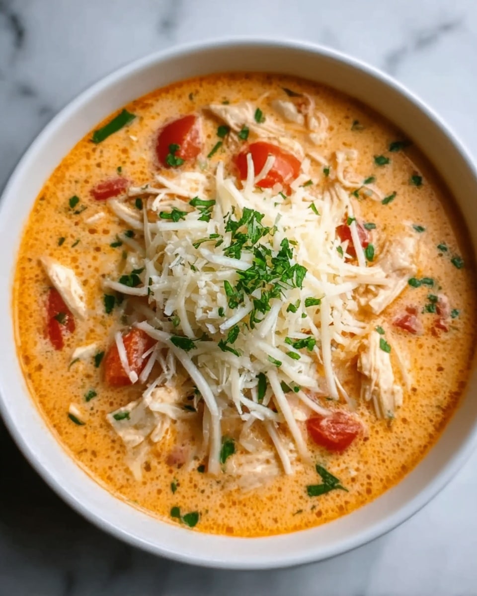 The image shows a white bowl filled with creamy orange soup, packed with shredded chicken pieces and small tomato chunks. The soup has a smooth, rich texture with swirls of cream on top. It is garnished with a generous layer of shredded white cheese and small green herb bits scattered over the cheese. The bowl sits on a white marbled surface. Photo taken with an iphone --ar 4:5 --v 7