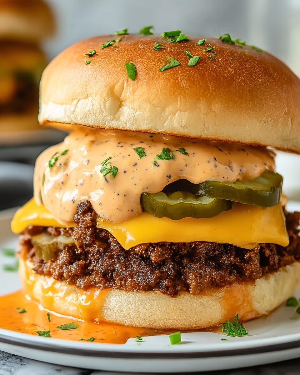 A close-up view of a burger placed on a white plate over a white marbled surface, showing multiple layers: the bottom soft golden-brown bun, a layer of shredded light green lettuce barely visible beneath a thick, crumbly brown ground beef patty mixed with melted yellow cheese, topped with a creamy light orange sauce generously spread over the meat, and finished with a smooth, shiny golden-brown top bun. photo taken with an iphone --ar 4:5 --v 7