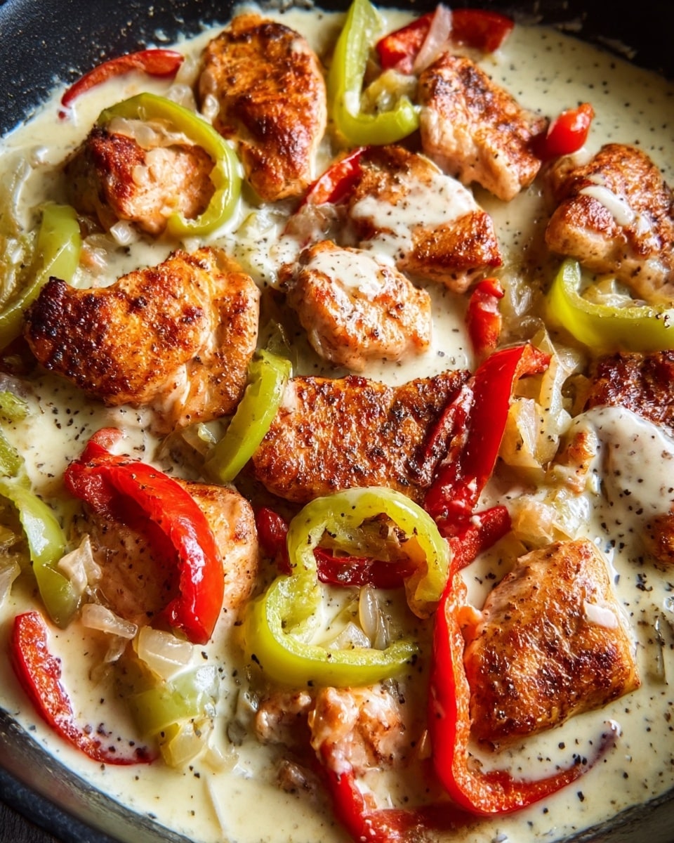 The image shows a close-up of a cooked dish in a black pan filled with thick creamy white sauce. The dish has several pieces of golden-brown grilled chicken, which are thick and juicy with a slightly rough texture. Scattered on and around the chicken are light green sliced peppers with slightly soft texture and red strips of roasted peppers that appear tender. The creamy sauce has specks of black pepper, adding small black dots throughout. The arrangement of chicken pieces is uneven with sauce pooling around them, and the peppers are mixed within the sauce and chicken evenly. Photo taken with an iphone --ar 4:5 --v 7