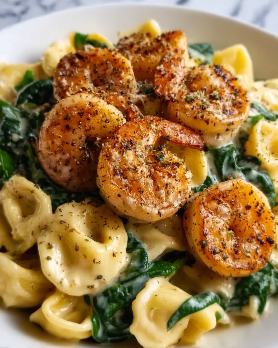 The image shows a close-up view of a creamy pasta dish served on a white plate. At the bottom layer, there are soft, yellow tortellini pasta pieces coated in a smooth, light cream sauce with visible small herbs mixed throughout. On top, there is a layer of vibrant green spinach leaves that add a fresh look. The top layer features several large shrimp with a grilled appearance, showing charred orange and pink colors with specks of black pepper and herbs. The dish looks rich and flavorful, with a mix of smooth, leafy, and firm textures. photo taken with an iphone --ar 4:5 --v 7