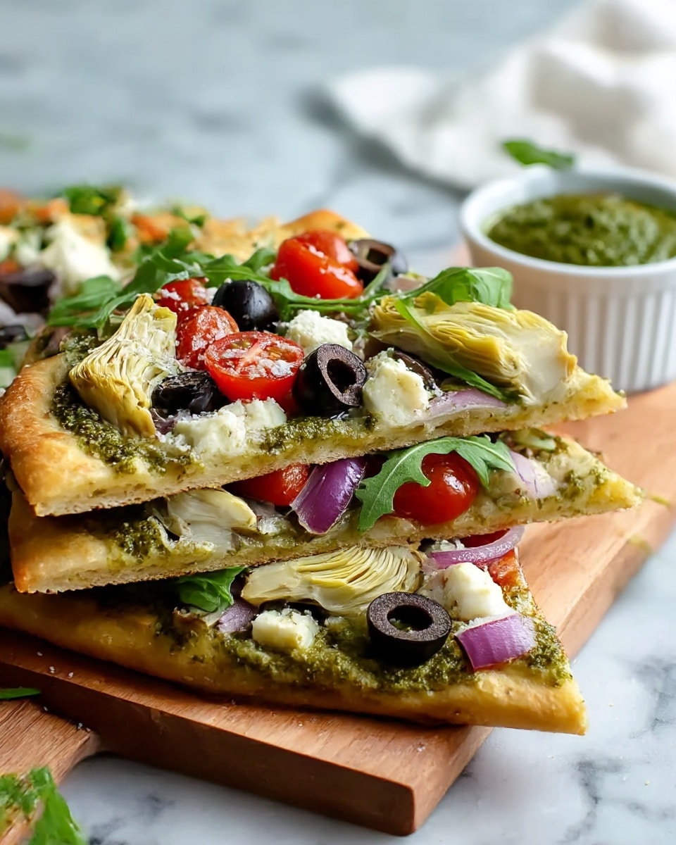 A stack of three slices of pizza is shown on a wooden board, set on a white marbled surface. Each slice has a thick crust with a golden-brown color. The bottom layer is a white creamy cheese spread mixed with green pesto sauce, which looks textured and slightly oily. The second layer is made of toppings including halved red cherry tomatoes, black olives, artichoke hearts, thin rings of purple onion, and scattered crumbles of white cheese. Fresh green arugula leaves are scattered on top, adding a bright and fresh look. Behind the pizza slices, there is a small white bowl filled with green pesto sauce. The whole scene is bright and colorful, with a focus on the varied textures and fresh ingredients. photo taken with an iphone --ar 4:5 --v 7