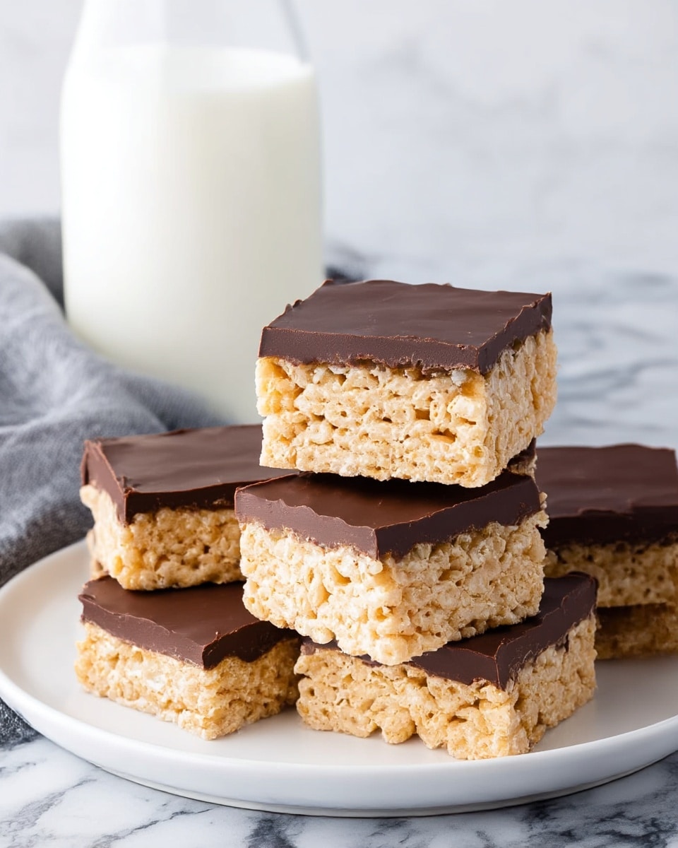 The image shows five square pieces of a dessert stacked on a white plate, each piece having two layers. The bottom layer is made of light tan crispy rice treats with a bumpy texture. The top layer is a smooth, glossy chocolate layer with a deep brown color that evenly covers the rice treats. In the background, there is a glass of milk and a gray cloth on a white marbled surface. The photo taken with an iphone --ar 4:5 --v 7