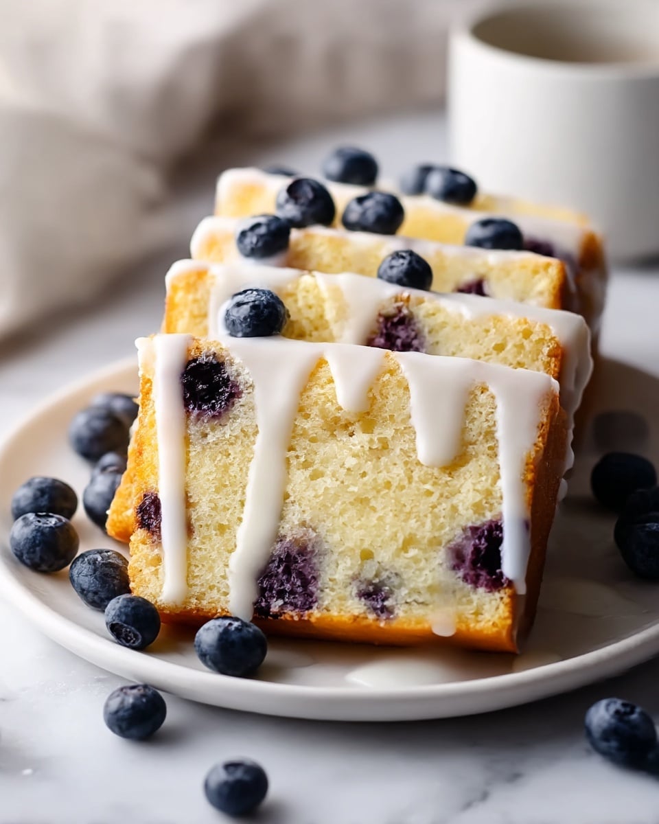 The image shows four slices of blueberry cake arranged side by side on a white plate. Each slice has a soft, light yellow crumb with visible blueberries baked inside, creating dark purple spots in each piece. On top of each slice, there is a drizzled layer of white icing that flows down the sides in thick, smooth streams. Fresh blueberries are placed on top of the icing and scattered around the plate on a white marbled surface. In the blurry background, there is a white cup or bowl. The scene is softly lit, highlighting the moist texture of the cake and the fresh shine on the blueberries. photo taken with an iphone --ar 4:5 --v 7