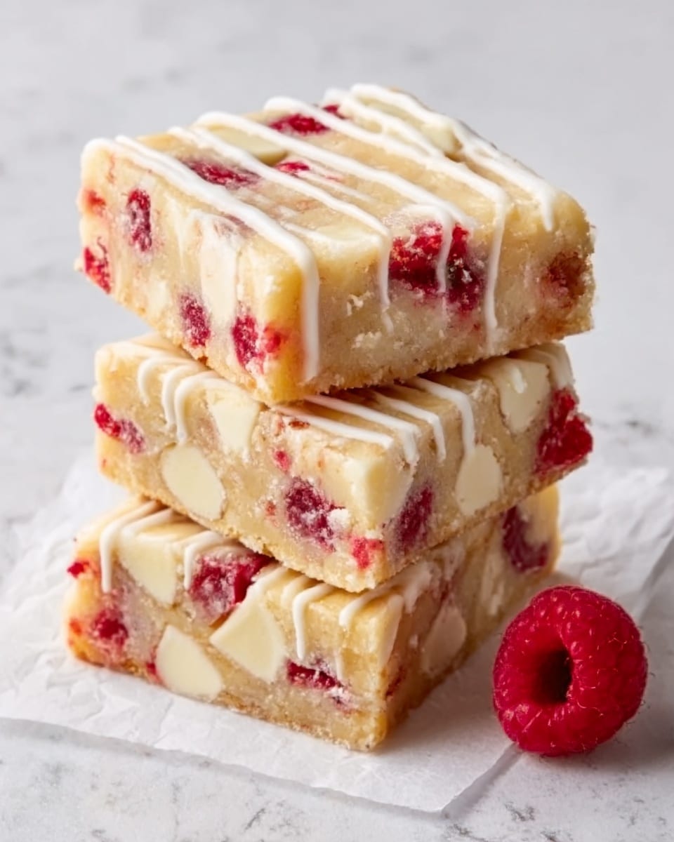 Three square-shaped dessert bars are stacked on white parchment paper over a white marbled surface. Each bar has a creamy light yellow base filled with chunks of bright red raspberries and pieces of white chocolate. The top layer is drizzled with thin lines of white icing that creates a textured look. A single fresh raspberry is placed to the right side of the stack. The lighting is soft with slight shadows to show the bars' texture and colors. Photo taken with an iphone --ar 4:5 --v 7