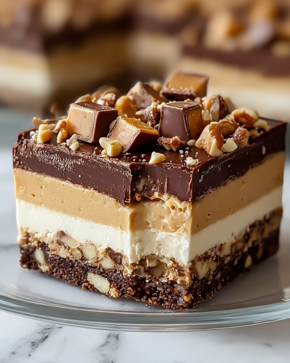 A close-up of a layered square dessert on a clear glass plate, sitting on a white marbled surface. The bottom layer is a dark brown crumbly crust with bits of nuts or chocolate. Above that is a thick, creamy peanut butter-colored layer. Next is a thinner dark chocolate layer mixed with small nut pieces. Then comes a thick white creamy layer with caramel or toffee bits embedded inside. The top layer is a smooth dark chocolate glaze, generously topped with chopped nuts and chunks of caramel and chocolate candies. Photo taken with an iphone --ar 4:5 --v 7
