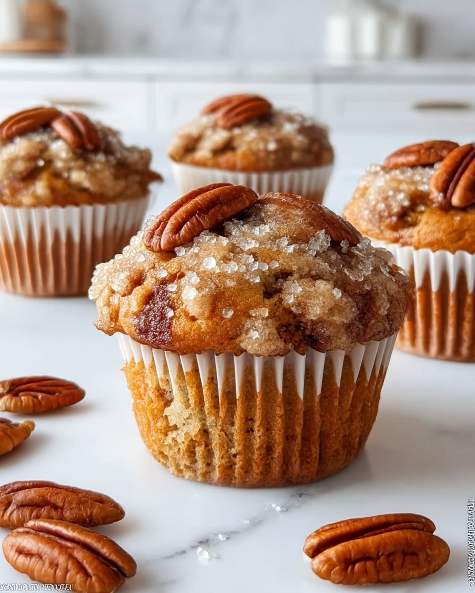 This image shows three golden-brown muffins topped with sugar crystals and several whole pecan nuts embedded on the crumbly top layer. Each muffin is wrapped in a white paper liner revealing a moist, dense texture inside with a slightly darker brown base. Around the muffins, on the white marbled surface, there are a few whole and broken pecan nuts scattered, adding a natural touch. The background shows a tidy kitchen featuring white marble counters, subtly blurred to keep the focus on the muffins. Photo taken with an iphone --ar 4:5 --v 7