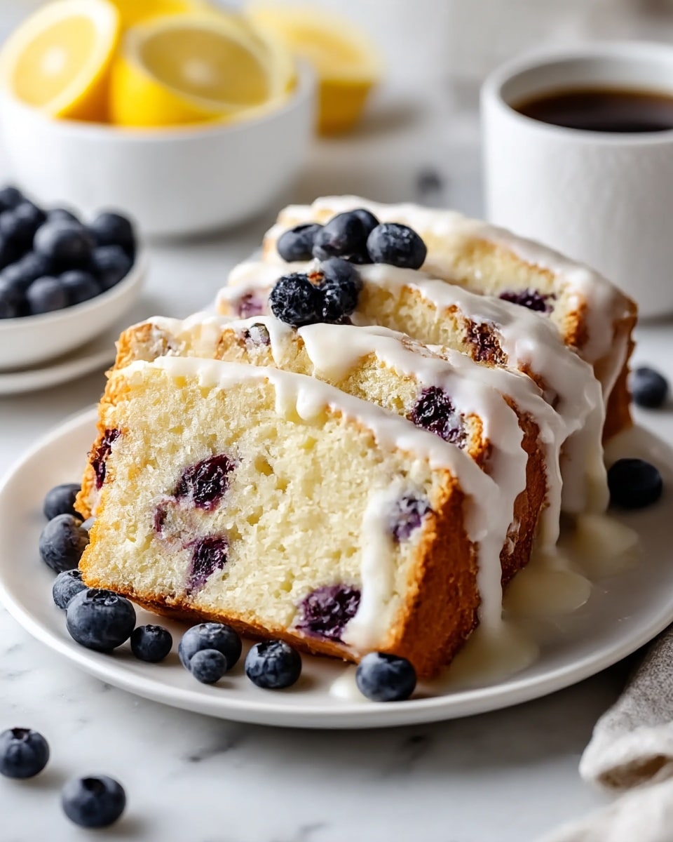 A white plate holds five thick slices of light, fluffy cake with a golden-brown crust on the sides. The cake is dotted with dark purple blueberries inside each slice, and a creamy white glaze drips down the sides, covering part of the cake top. Fresh blueberries are scattered on the plate and sitting on top of the slices. In the background, blurred white bowls of blueberries, yellow lemon slices on a white plate, and a white cup with dark liquid are visible, all set on a white marbled surface. photo taken with an iphone --ar 4:5 --v 7