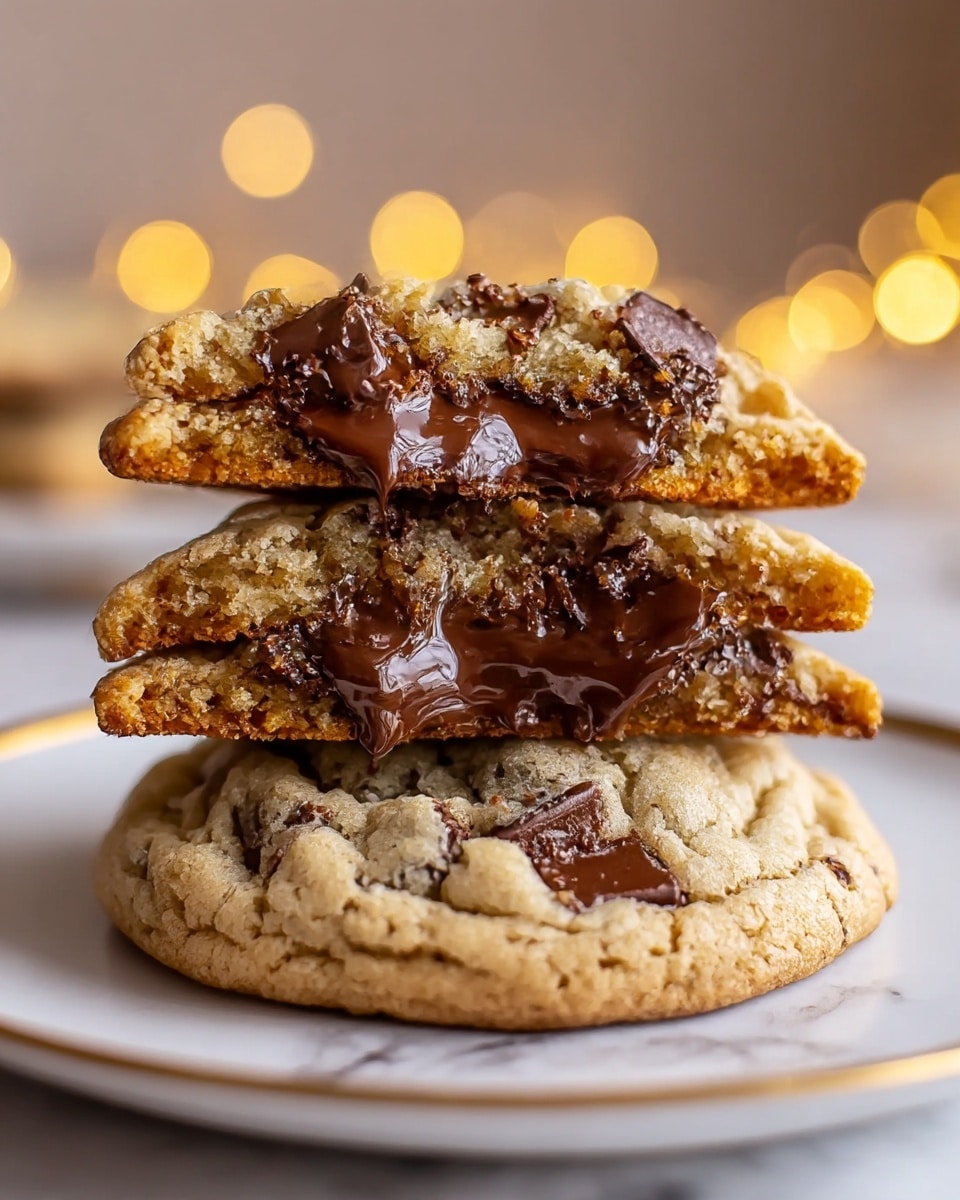 The image shows a stack of three thick chocolate chip cookies on a white plate with a gold rim, placed on a white marbled surface. The bottom cookie is whole with a textured surface full of baked dough and visible chocolate chunks. The middle cookie is broken in half and stacked on the whole cookie, revealing a glossy, melted chocolate layer spilling out, surrounded by a chewy, golden-brown cookie dough with chocolate pieces. On top, another cookie half is placed, showing the same gooey, shiny melted chocolate center with a soft, crumbly texture on the edges. The background has soft golden bokeh lights that add warmth to the scene. Photo taken with an iphone --ar 4:5 --v 7