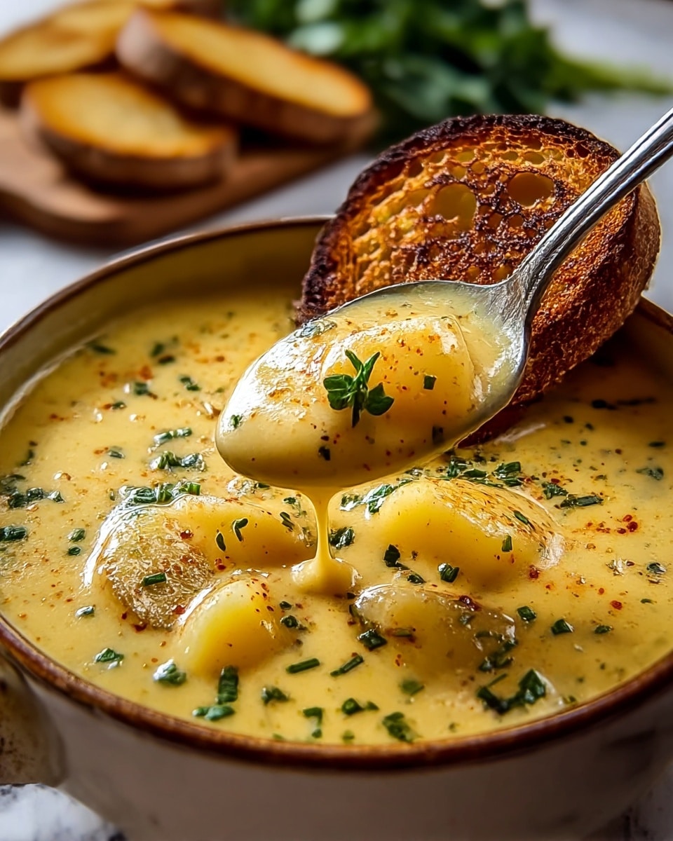 A close-up image of a deep bowl filled with creamy yellow chowder soup with chunks of potato and sprinkled with finely chopped green herbs and a dash of red spice on top. A spoon is lifting some soup with potatoes and a small green herb garnish, showing the thick, smooth texture dripping slightly. Resting on the bowl edge is a slice of toasted bread with a crunchy golden-brown top. In the background, blurred slices of more toasted bread and some green leafy vegetables are visible, all set against a white marbled surface. photo taken with an iphone --ar 4:5 --v 7