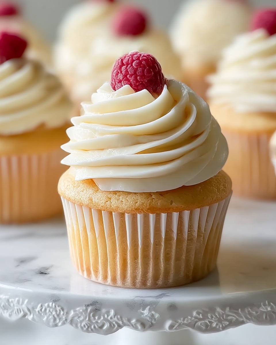 A close-up of a vanilla cupcake with one layer of light golden cake topped with a thick swirl of smooth ivory buttercream frosting, arranged in a spiral pattern, and finished with a single small red raspberry on top that looks slightly frosted. More similar cupcakes sit blurred in the background on a white ceramic cake stand with delicate embossed detailing. The surface beneath has a white marbled texture. Photo taken with an iphone --ar 4:5 --v 7