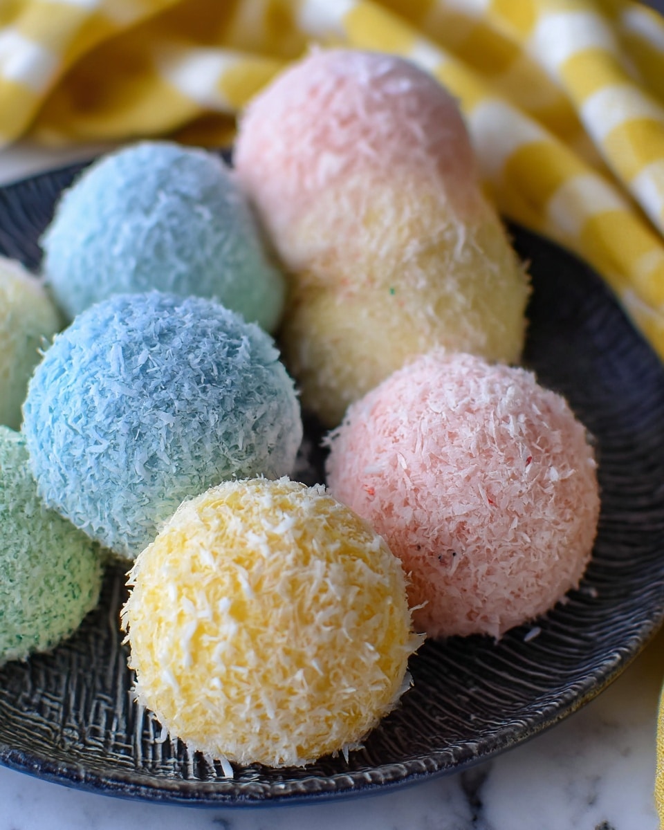 A close-up view of several large, round coconut-covered balls arranged on a dark textured white plate. The balls have a soft, fluffy texture with shredded coconut coating them completely. Their colors range across pastel shades including light blue, pale pink, soft yellow with some having a mix of white and tiny colored specks. The tray sits atop a white marbled surface with a yellow and white checkered cloth casually draped in the background. The focus is sharp on the front balls, showing the fine detail of the coconut flakes. photo taken with an iphone --ar 4:5 --v 7