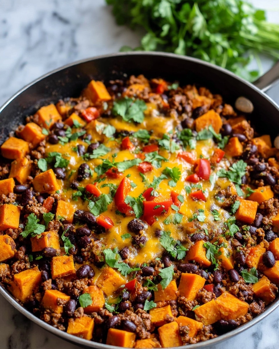 A large black pan filled with a colorful dish consists of four main layers: at the bottom, chunky bright orange cubes of cooked sweet potatoes are mixed with small black beans scattered evenly throughout; above this, a layer of browned ground meat spreads evenly across, adding a crumbly texture; a small pile of melted golden-yellow cheese is centered on top, slightly gooey and mixed with vibrant red bell pepper pieces; the entire dish is sprinkled with fresh green cilantro leaves, adding a fresh touch and bright color contrast. The pan is placed on a white marbled surface with a blurred bunch of herbs in the background. Photo taken with an iphone --ar 4:5 --v 7