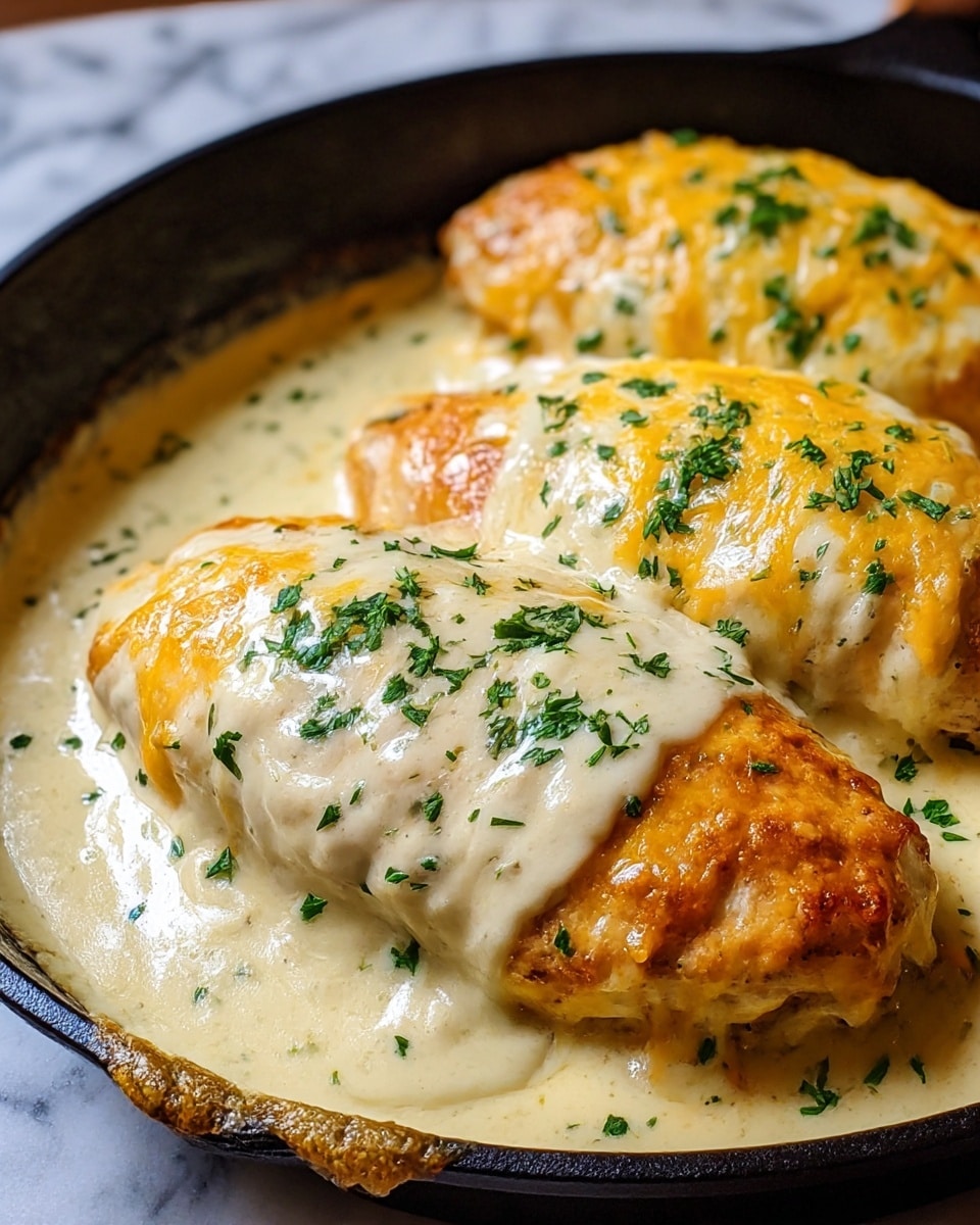 A close-up of three pieces of stuffed chicken breasts covered with a thick layer of creamy white cheese sauce and melted golden-brown cheddar cheese, sprinkled with finely chopped green herbs on top. The chicken pieces are arranged side by side in a black cast iron skillet, with the creamy sauce surrounding them, showing a smooth and slightly bubbly texture. The edges of the skillet are slightly smeared with cheese sauce, adding to the rich look. The background surface is a white marbled texture. photo taken with an iphone --ar 4:5 --v 7