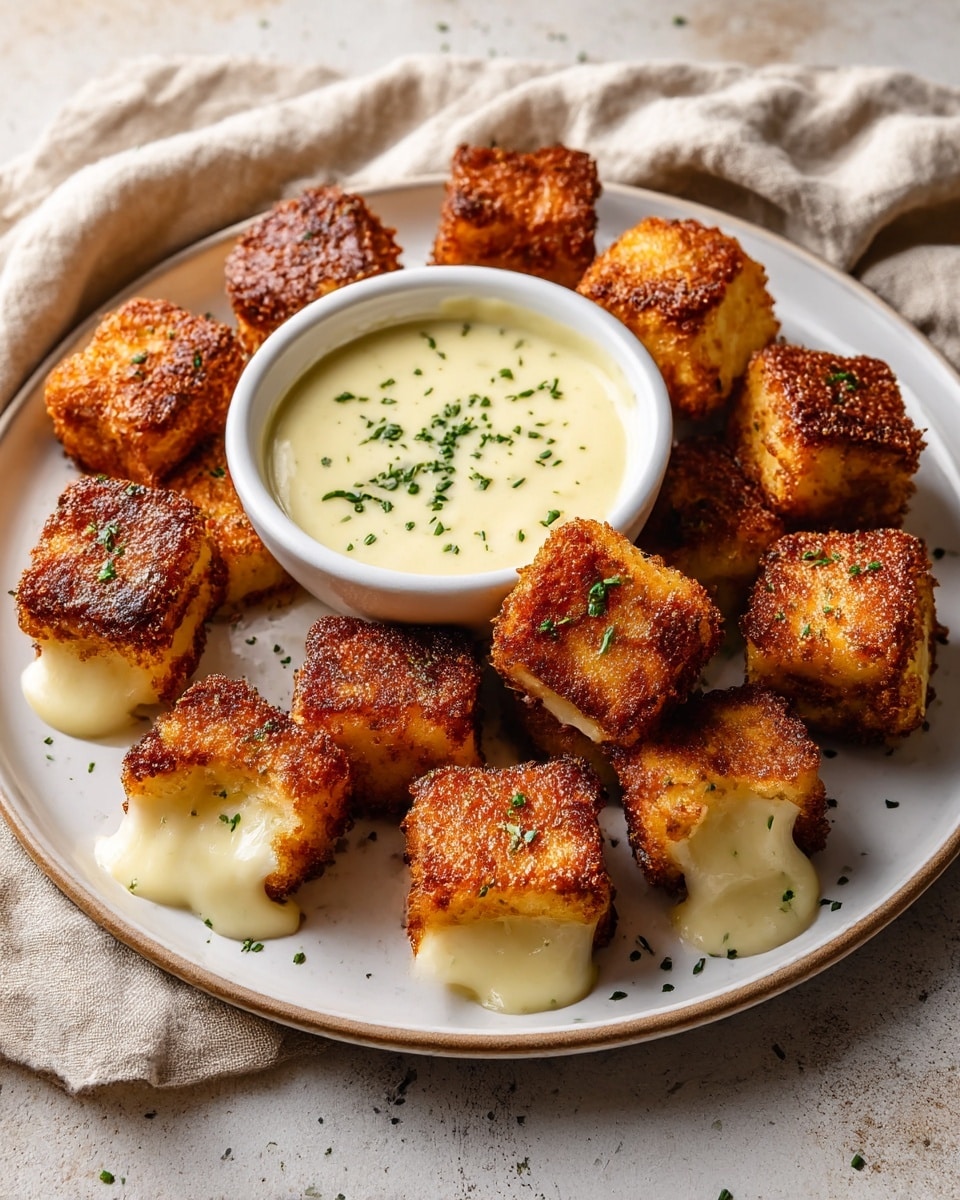 The image shows a white round plate with 13 golden-brown, crispy, and square-shaped fried cheese cubes arranged around a small white bowl of creamy pale yellow dipping sauce topped with small green herb bits. Each cheese cube has a crunchy dark brown crust on the outside, with gooey white melted cheese oozing out from the inside. The cubes are sprinkled lightly with green herbs. The plate sits on a white marbled textured surface with a soft beige cloth nearby. The lighting highlights the crispy texture and creamy interior of the cheese cubes. photo taken with an iphone --ar 4:5 --v 7