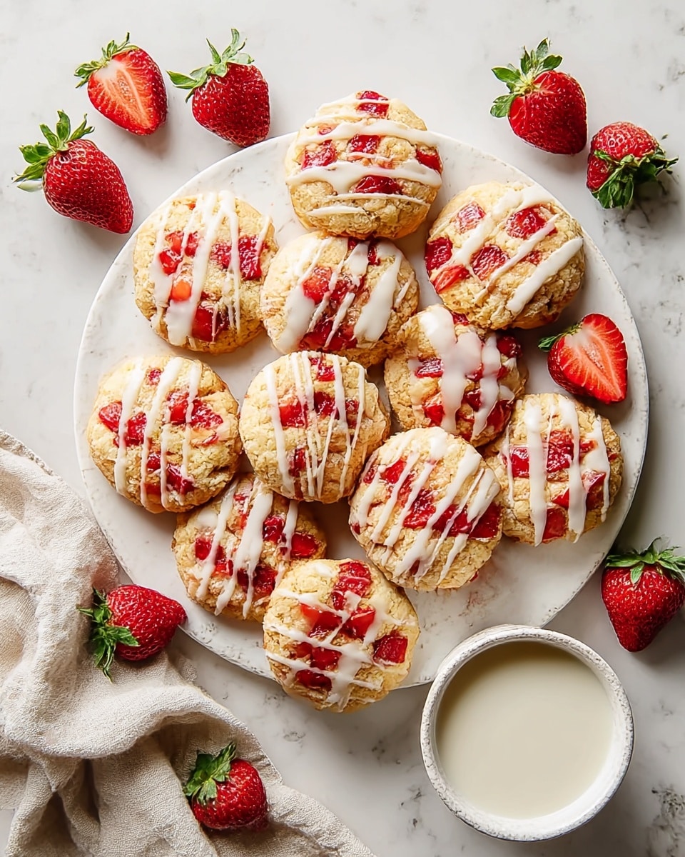 A white round platter holds ten round cookies, each with a crumbly light golden base filled with bright red strawberry chunks, topped with thin white icing drizzles across the surface. Around the platter, several whole and halved red strawberries with green leaves are scattered on a white marbled texture. A small white bowl filled with creamy white milk sits at the lower right corner of the platter. A woman's hand is not visible in this image. A soft beige cloth is draped partially at the lower left edge, adding coziness to the scene. The light is soft and bright, highlighting the freshness and textures. photo taken with an iphone --ar 4:5 --v 7