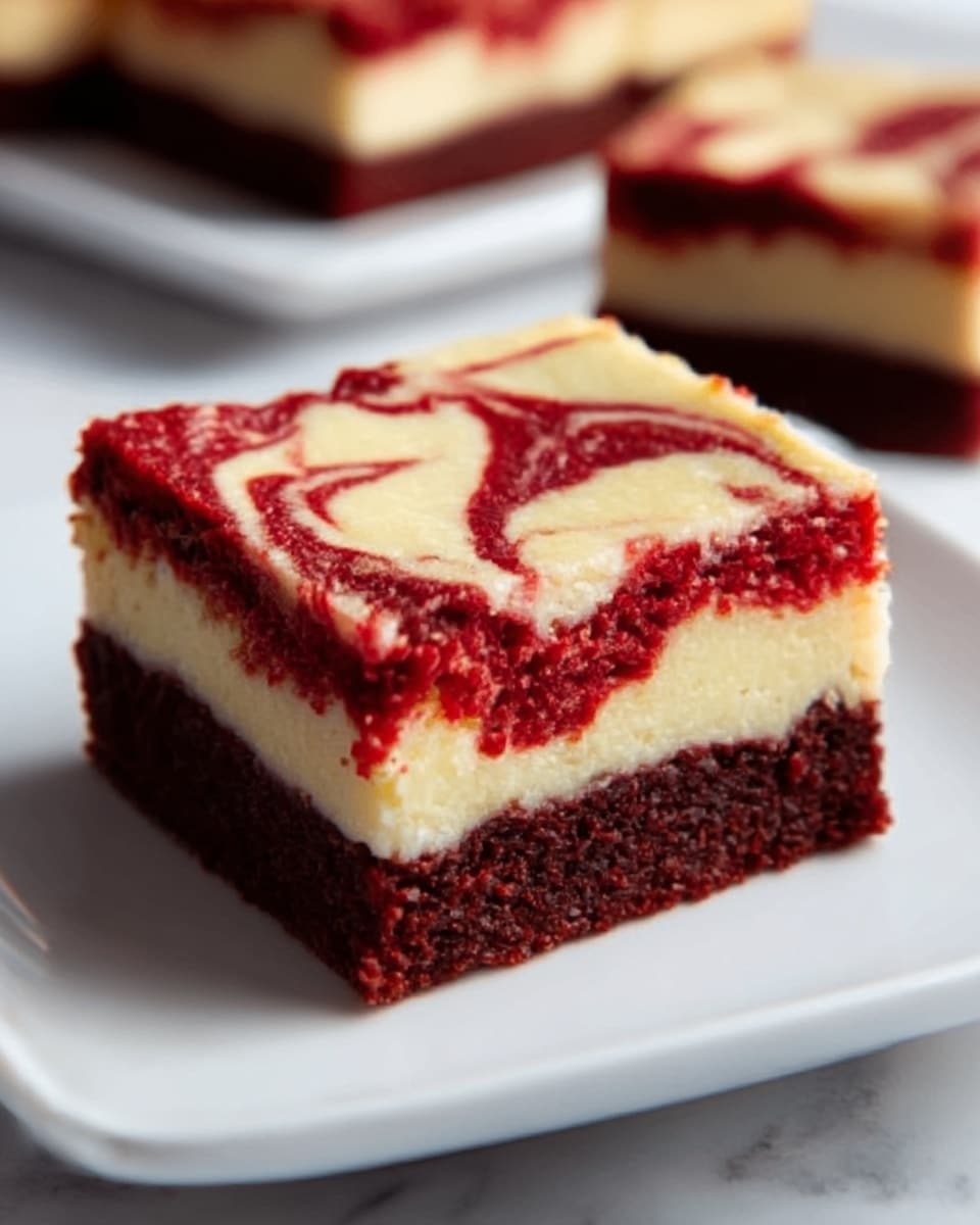 A single square piece of red velvet cheesecake brownie sits centered on a white plate, showing two distinct layers: the bottom layer is dark red-brown and dense with a slightly rough texture, while the top layer is creamy off-white with smooth swirls of red creating a marble pattern. The plate rests on a white marbled surface, and a blurred second brownie is visible in the background. photo taken with an iphone --ar 4:5 --v 7
