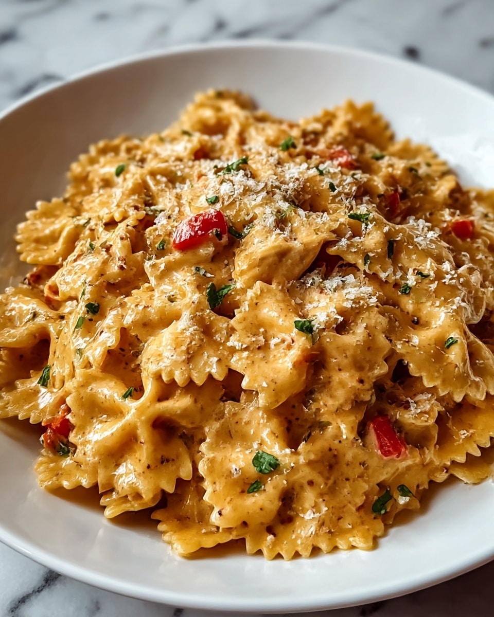 A white plate filled with creamy orange pasta made of bow-tie-shaped noodles evenly coated in a thick, smooth sauce. Small pieces of red bell pepper add color throughout the dish, while green chopped herbs are sprinkled on top as garnish. The pasta appears soft and slightly ruffled at the edges, with some layers overlapping each other to create depth. Finely grated white cheese is lightly dusted across the entire surface, enhancing the rich texture of the sauce. The photo is set against a subtle white marbled surface. photo taken with an iphone --ar 4:5 --v 7