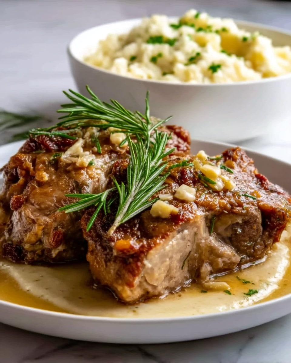 The image shows a close-up of a white plate with two large pieces of roasted meat, golden brown and crispy on the edges, topped with fresh green rosemary sprigs and small bits of minced garlic. Underneath the meat, there is a smooth, light-colored creamy sauce that slightly pools around the edges. In the background, there is a white bowl filled with fluffy mashed potatoes, garnished with small green herbs. The entire setup is on a white marbled surface. The photo taken with an iphone --ar 4:5 --v 7