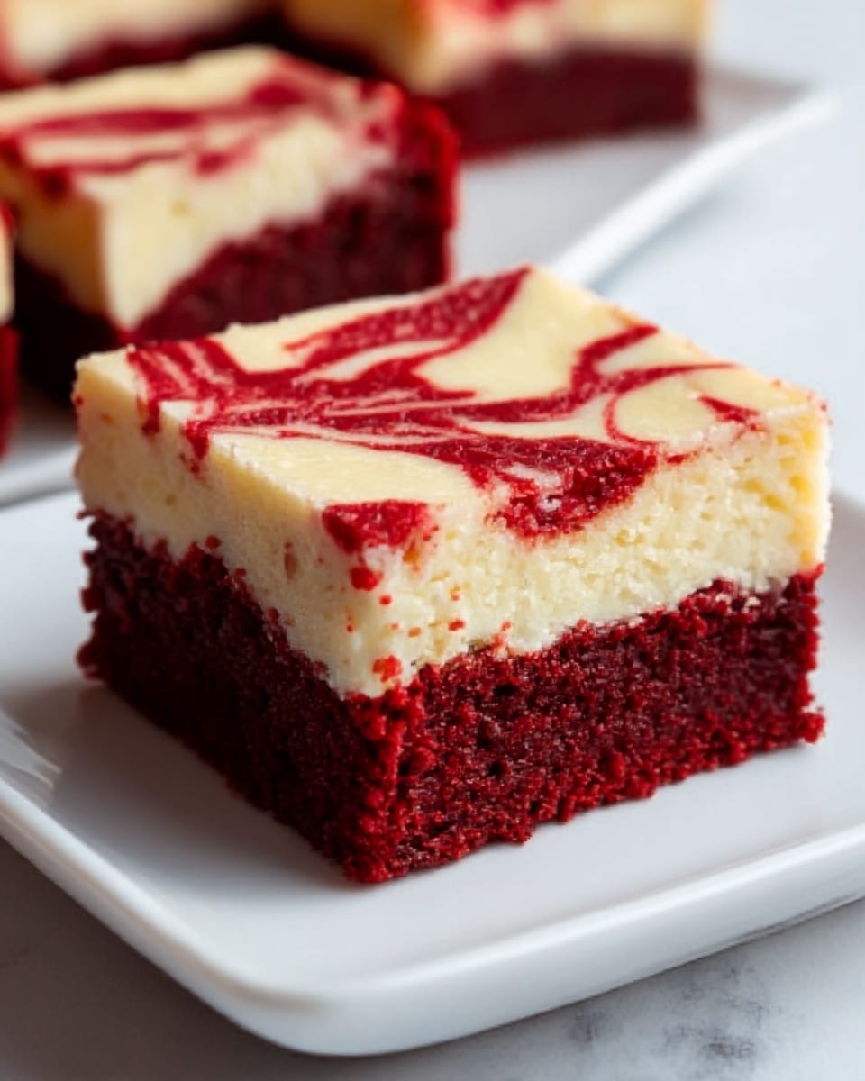 A square piece of red velvet cheesecake brownie is shown on a white plate with a white marbled background. The dessert has two layers: a thick, dense bottom layer that is deep red and moist with a slightly crumbly texture, and a smoother, creamy top layer of pale creamy white cheesecake swirled with thin red velvet streaks, creating a marbled pattern on top. The edges are clean and sharp, and the lighting highlights the moist texture and contrast between the layers. Photo taken with an iphone --ar 4:5 --v 7