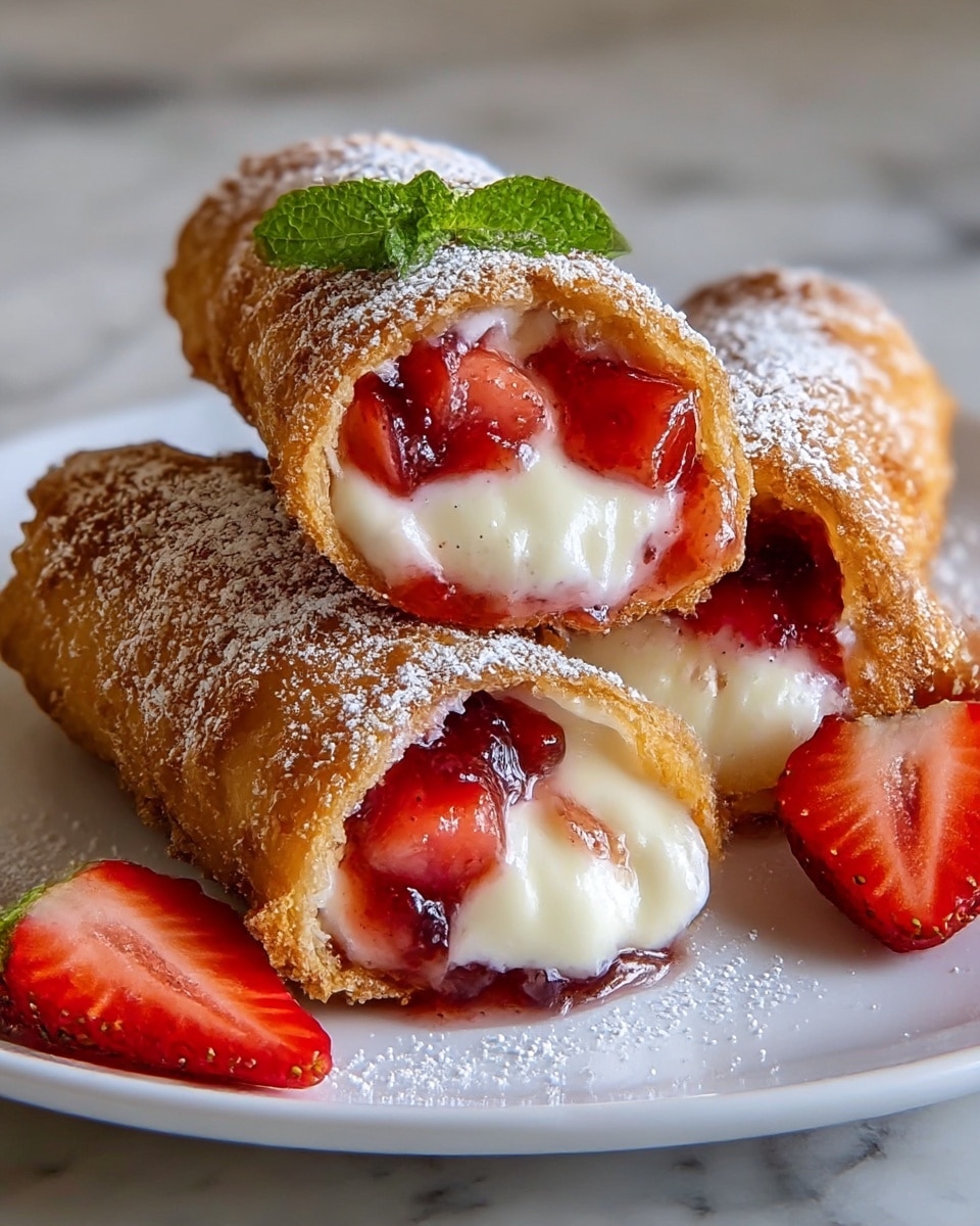 Three pieces of golden-brown crispy rolls are stacked on a white plate with a white marbled surface in the background. Each roll is cut open to show three layers inside: a shiny red strawberry jam layer with chunks of fruit on the outside, a smooth white creamy filling in the middle, and the fried crispy crust on the outside. Powdered sugar is dusted lightly on the rolls, with a small green mint leaf on the top left roll, and fresh strawberry halves placed on the right side of the plate. The image is bright, sharp, and shows the texture of the jam and cream clearly. Photo taken with an iphone --ar 4:5 --v 7