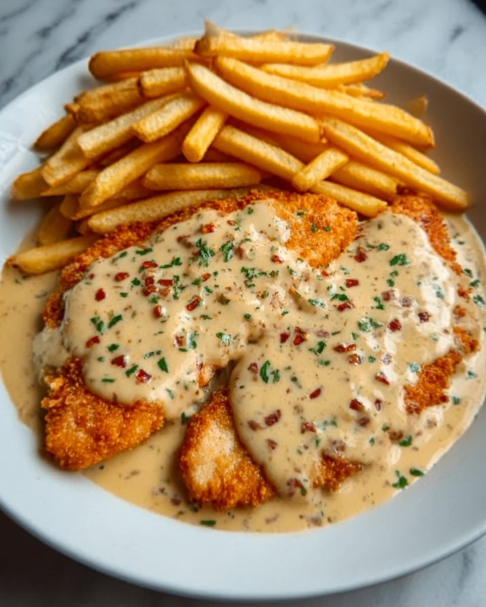 The image shows a white plate with two golden-brown fried chicken breasts covered in a thick creamy beige sauce with small red and green herbs sprinkled on top. To the upper side of the plate, there is a pile of long, thin, golden French fries arranged neatly. The background surface is a white marbled texture. The overall look is warm and inviting, showing a simple but hearty meal. photo taken with an iphone --ar 4:5 --v 7