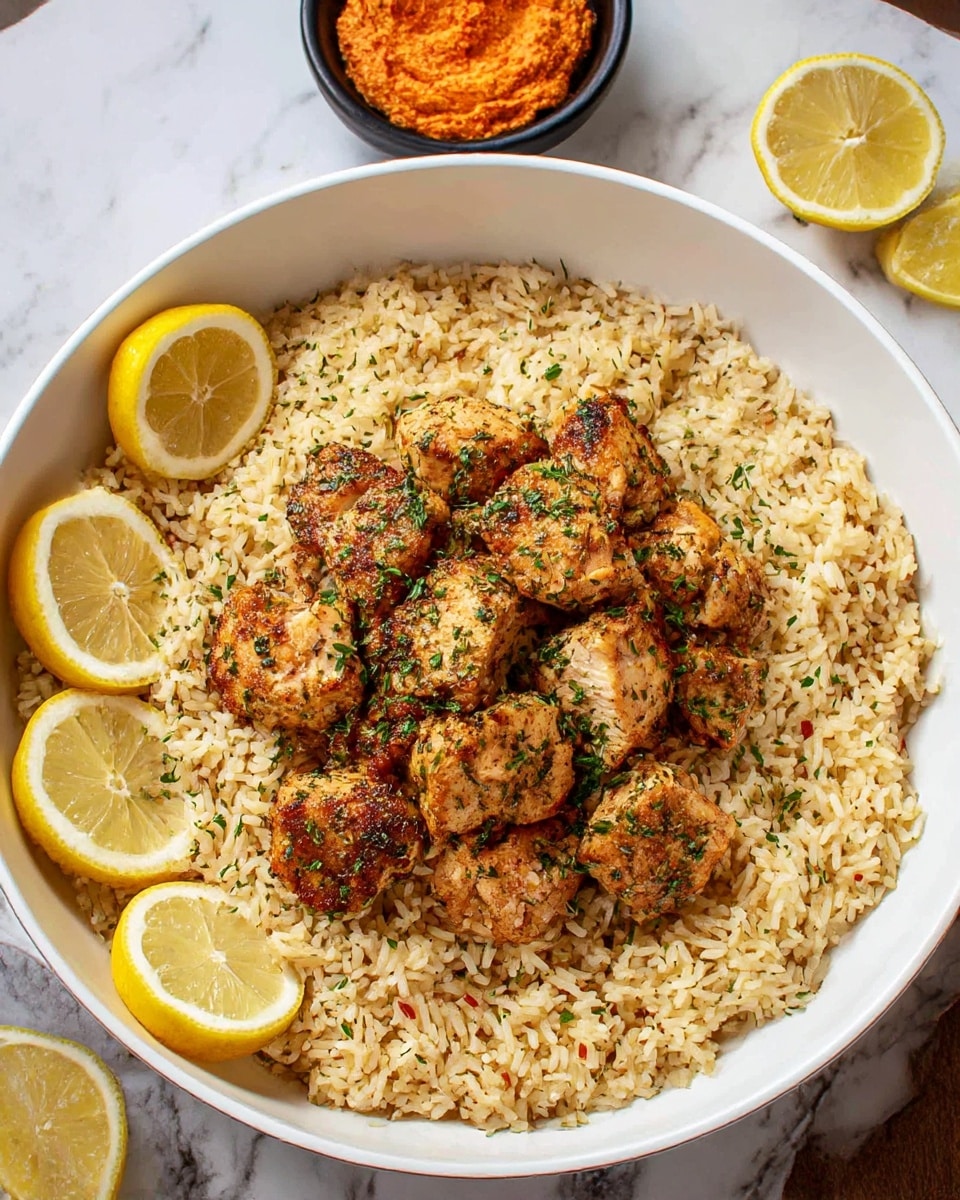 A white round pot filled mostly with a base layer of cooked pale yellow rice mixed with small bits of red seasoning, topped in the center with a cluster of grilled golden-brown chicken pieces sprinkled with green herbs, garnished with three thin lemon slices on the left and one slice on the bottom right edge atop the rice, all placed on a white marbled surface with a small black bowl of orange-red spread and two more lemon wedges nearby in the background, photo taken with an iphone --ar 4:5 --v 7
