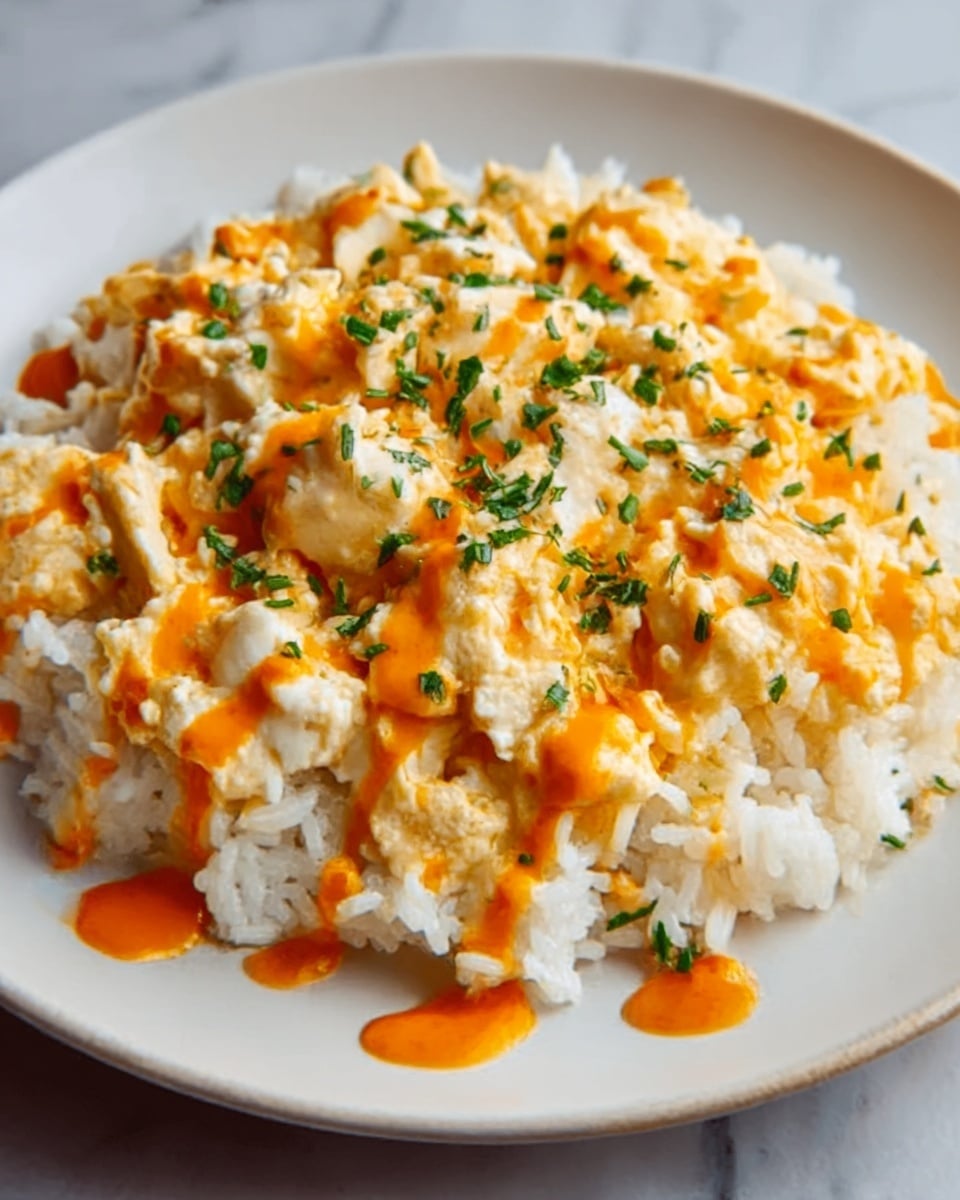 A white plate with a base layer of cooked white rice, topped with soft scrambled eggs that are light yellow with a slightly creamy texture. Over the eggs, there is a drizzle of bright orange sauce and scattered small green herb pieces, adding contrast and color. The dish has a cozy, comforting look with a mix of smooth and slightly chunky textures. The background is a white marbled surface. photo taken with an iphone --ar 4:5 --v 7