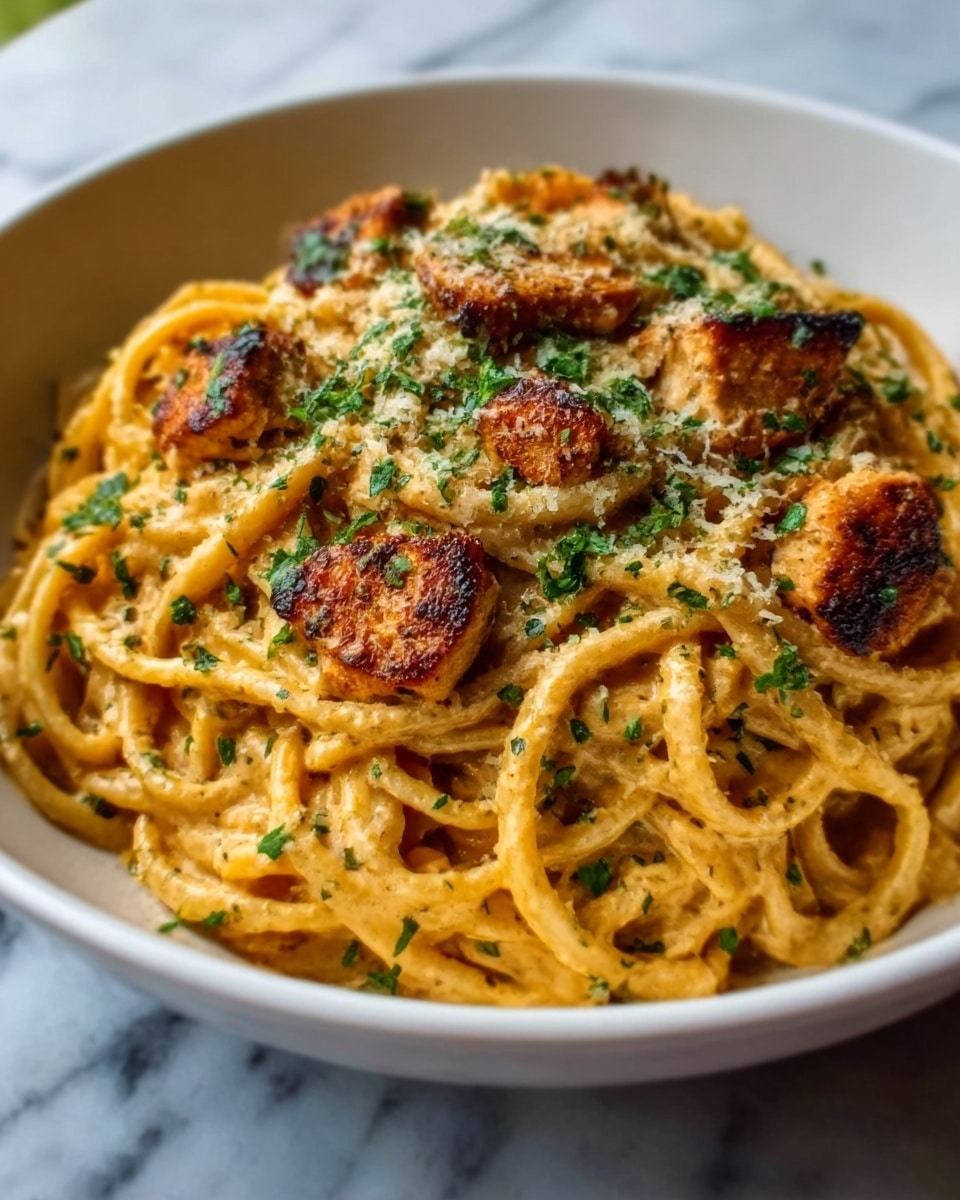 A white bowl filled with creamy orange pasta, topped with browned, grilled pieces of chicken and sprinkled with chopped green herbs. The pasta strands are thick and coated evenly with the sauce, the chicken pieces are scattered on top with a slightly crispy texture. The background is a white marbled surface. Photo taken with an iphone --ar 4:5 --v 7