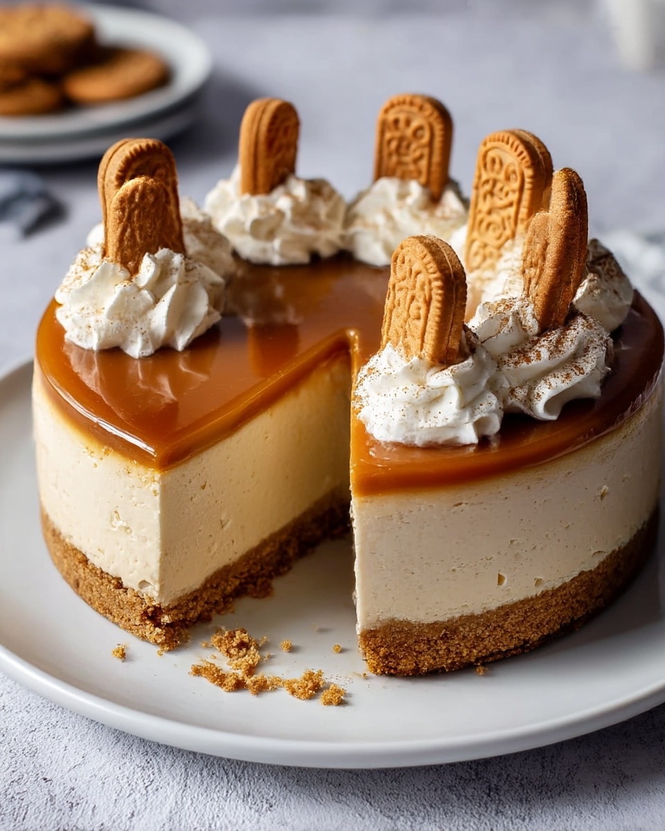 A round cheesecake with three visible layers sits on a white plate against a white marbled texture surface. The bottom layer is a crumbly light brown crust, the middle layer is thick and creamy beige cheesecake filling, and the top layer is a smooth, shiny caramel glaze. Around the top edge of the cheesecake, there are dollops of white whipped cream with a light dusting of cinnamon or spice, each topped with a rectangular light brown cookie with patterned detailing. A slice has been cut out, showing the clean layers and some crumbs on the plate. photo taken with an iphone --ar 4:5 --v 7
