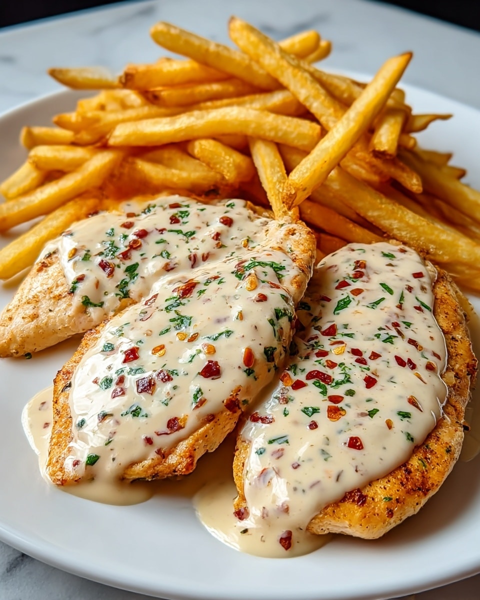 A white plate holds a meal with two main parts: golden brown grilled chicken breasts on the bottom layer, each covered with a thick creamy white sauce that has red and green specks, likely herbs and chili flakes, spread evenly on top; behind the chicken lies a pile of golden French fries, arranged loosely and slightly overlapping the chicken at the front, all placed on a white marbled surface. photo taken with an iphone --ar 4:5 --v 7