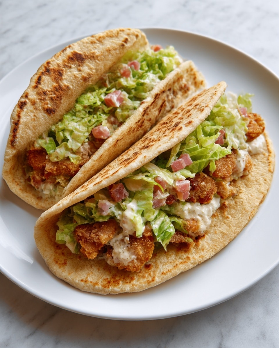 Two tacos sit on a white plate over a white marbled surface. Each taco has a lightly toasted, slightly browned flatbread folded over layers of crispy golden-brown fried chicken pieces at the bottom. On top of the chicken, there is a fresh salad made with bright green lettuce, small diced pink ham, and creamy white dressing. The flatbread’s texture is soft with a few well-toasted spots, and the tacos are arranged in a way that showcases both the filling and the bread visibly. photo taken with an iphone --ar 4:5 --v 7