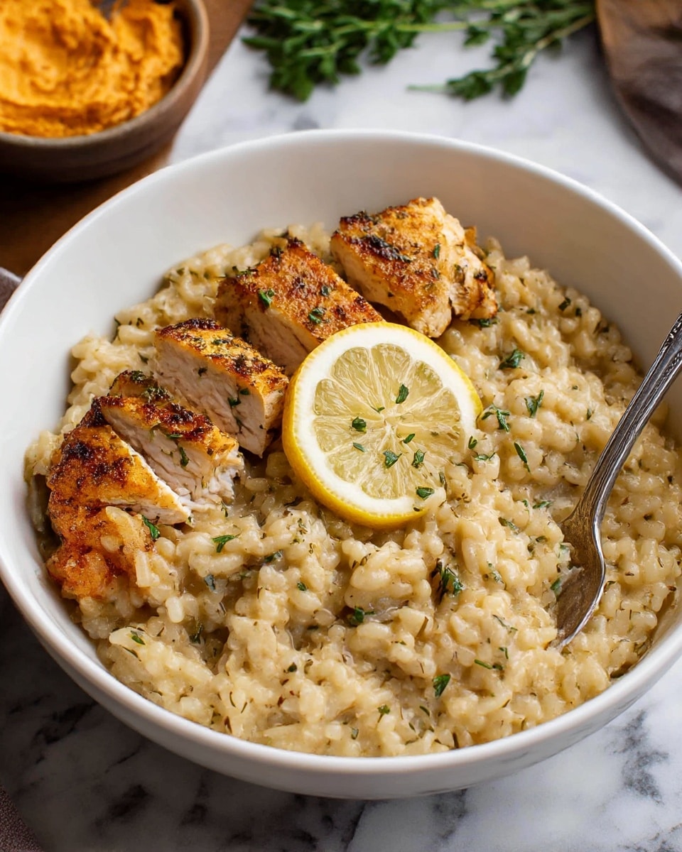 A white bowl filled with a creamy, light beige risotto that has visible small bits of herbs mixed in. On top, there are several pieces of golden-brown grilled chicken with a slightly crispy texture and sprinkled with herbs, placed near a thin lemon slice. A silver spoon rests inside the bowl, partially submerged in the risotto. The bowl sits on a white marbled surface with a blurred green garnish and a small bowl of orange spread in the background. photo taken with an iphone --ar 4:5 --v 7