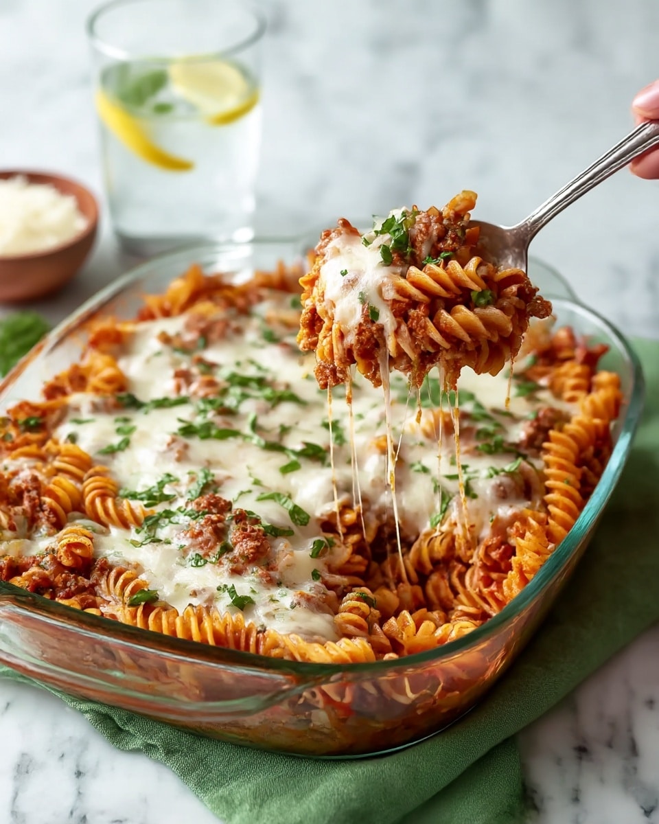 The image shows a glass baking dish filled with baked rotini pasta layered with a red meat sauce and melted white cheese on top, sprinkled with chopped green herbs. A woman's hand holds a silver spoon lifting a serving, revealing spiraled pasta coated in red sauce with bits of ground meat and stretched melted cheese. The baking dish sits on a green cloth on a white marbled surface, with a glass of water and lemon slices and a small bowl of grated cheese blurred in the background. photo taken with an iphone --ar 4:5 --v 7