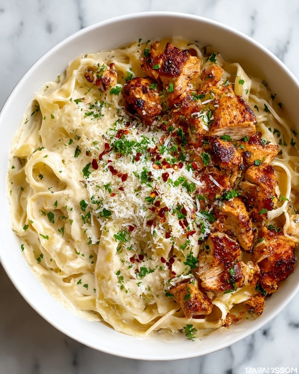 A white bowl filled with three layers: the bottom layer has creamy white fettuccine pasta coated with a smooth sauce; the second layer has browned, grilled chicken pieces with a slightly charred texture; the top layer is sprinkled with small green parsley leaves and finely grated white cheese, along with red chili flakes scattered over the chicken and pasta. The bowl sits on a white marbled surface. photo taken with an iphone --ar 4:5 --v 7
