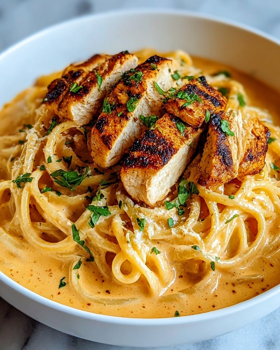 A white bowl filled with creamy pasta at the bottom layer, coated with a smooth, light orange sauce that looks thick and rich. On top of the pasta, there are golden brown grilled chicken pieces, arranged in the center, with slight char marks adding texture. Fresh green chopped herbs are sprinkled over the chicken, adding a pop of color. The bowl sits on a white marbled surface, giving a clean and bright look. photo taken with an iphone --ar 4:5 --v 7