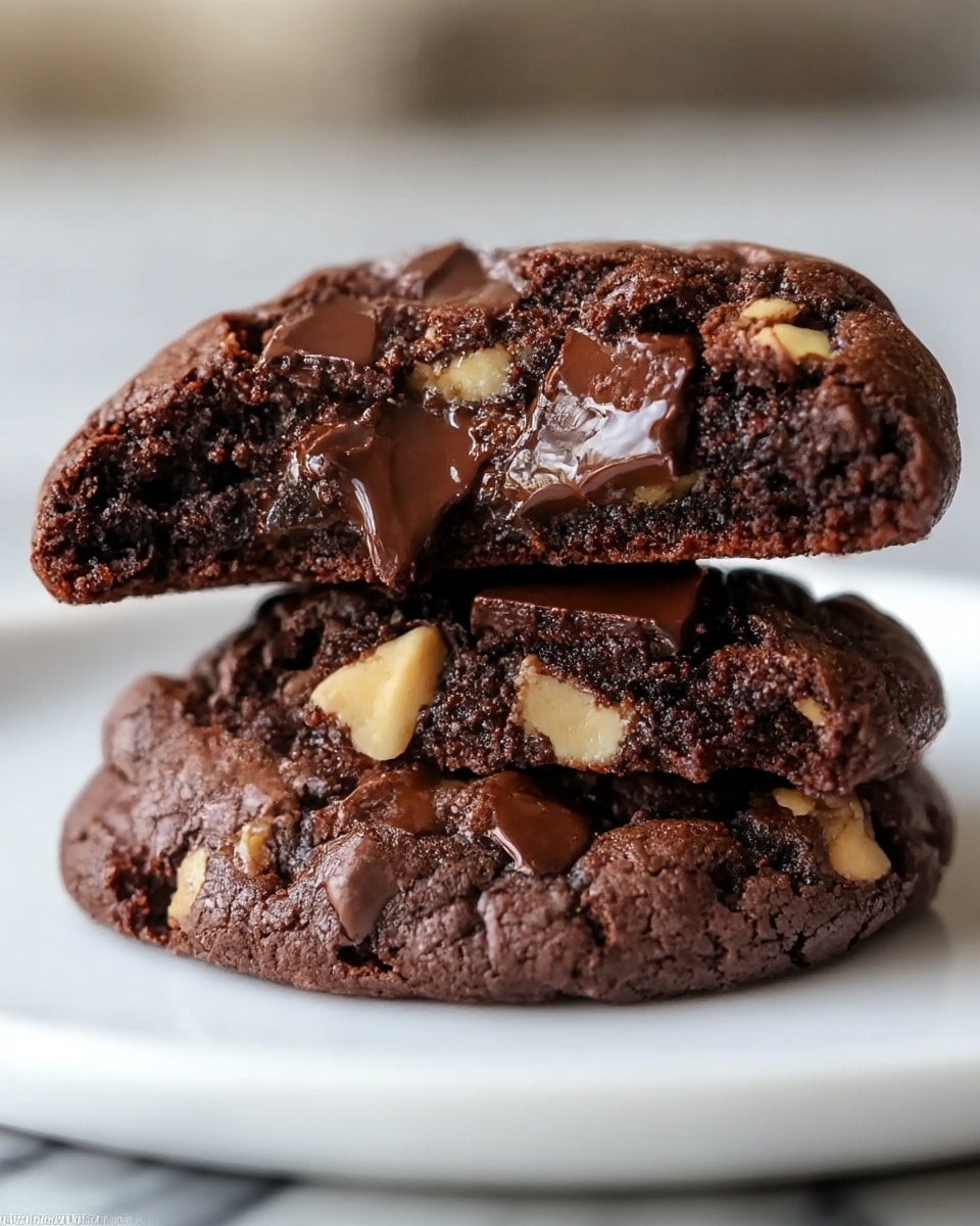 The image shows two thick, rich chocolate cookies stacked on top of each other on a white plate, placed on a white marbled surface. The top cookie is broken in half, revealing its dense, moist interior filled with melted dark chocolate chunks and light-colored nut pieces, giving a contrast of dark brown and creamy beige colors. The outer part of the cookies is slightly cracked with a soft texture visible inside, showing gooey, shiny melted chocolate and the scattered nut bits. photo taken with an iphone --ar 4:5 --v 7